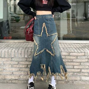 aesthetic star denim skirt long & youthful design 4235