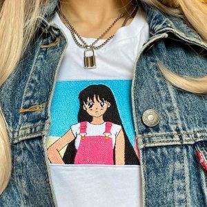 anime embroidered tee youthful & dynamic streetwear icon 6015