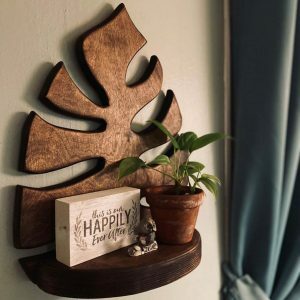 botanical monstera leaf shelf   crafted wooden elegance 2689