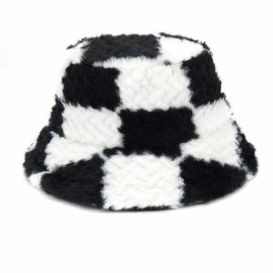checkered fuzzy bucket hat youthful checkered bucket hat fuzzy & trendy appeal 7778