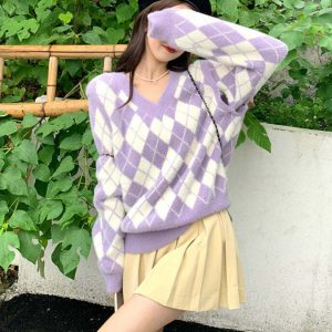 chic argyle sweater with fuzzy detail youthful appeal 5598