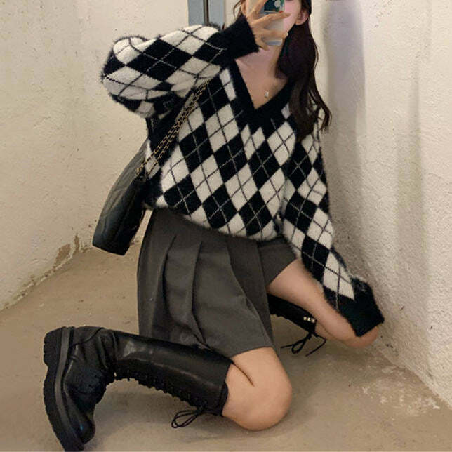 chic argyle sweater with fuzzy detail youthful appeal 5717