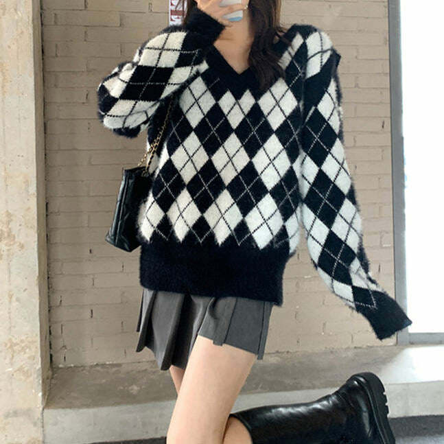 chic argyle sweater with fuzzy detail youthful appeal 6413