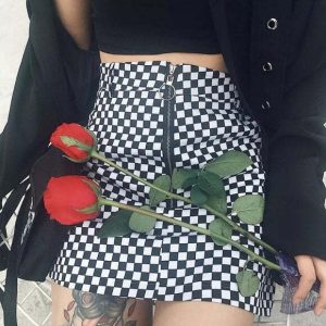 chic checker skirt youthful & dynamic street style 7153