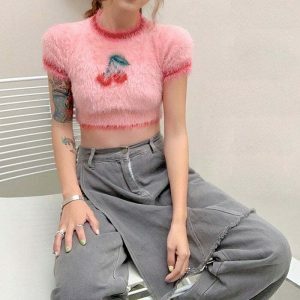 chic cherry fuzzy crop top   youthful & vibrant style 6498