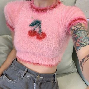chic cherry fuzzy crop top   youthful & vibrant style 8772