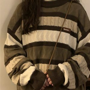 chic coffee cream striped sweater oversized & cozy 6944