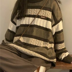 chic coffee cream striped sweater oversized & cozy 7662