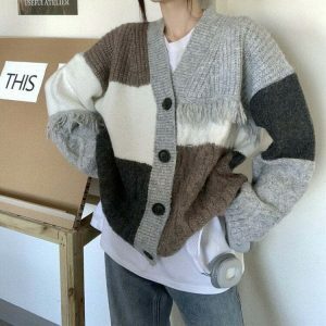 chic grey fringe cardigan vintage grandma style 1559