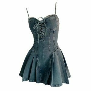 chic lace up denim dress youthful & trendy streetwear 3231