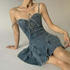 chic lace up denim dress youthful & trendy streetwear 6265