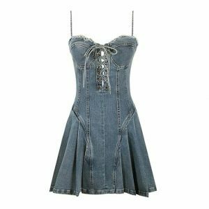 chic lace up denim dress youthful & trendy streetwear 8722