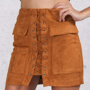 chic lace up faux suede skirt youthful street elegance 8088
