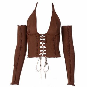 chic lace up top with sheer appeal   youthful & bold 3410