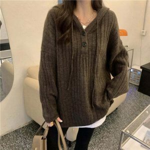 chic mocha knit hoodie button up design youthful appeal 2537