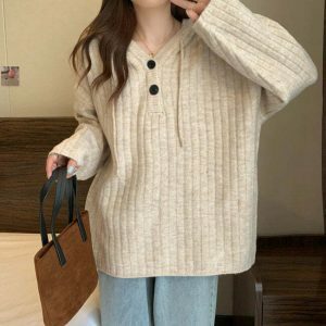 chic mocha knit hoodie button up design youthful appeal 4727