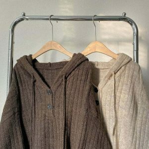 chic mocha knit hoodie button up design youthful appeal 8175