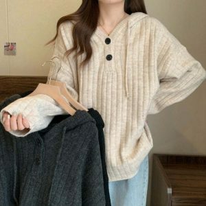 chic mocha knit hoodie button up design youthful appeal 8737