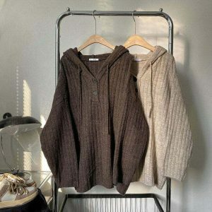 chic mocha knit hoodie button up design youthful appeal 8839