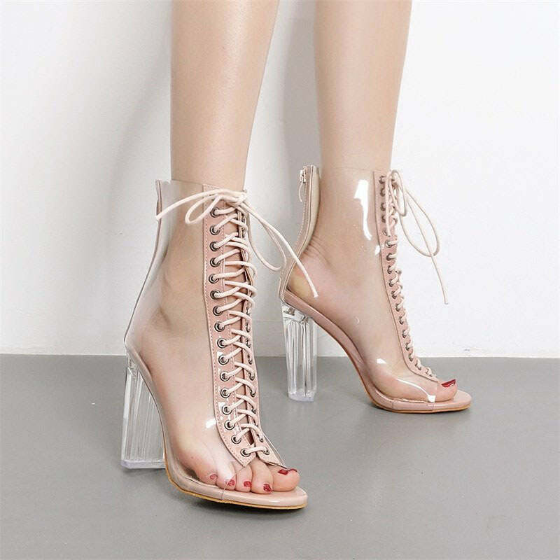 chic nude lace up heels clear & sleek design 4232