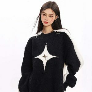 chic open shoulder sweater with white star detail 1223