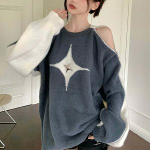 chic open shoulder sweater with white star detail 3483