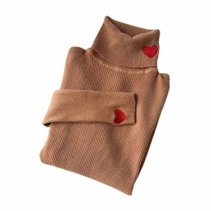 chic red heart embroidered jumper youthful turtleneck style 2470