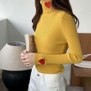 chic red heart embroidered jumper youthful turtleneck style 7651