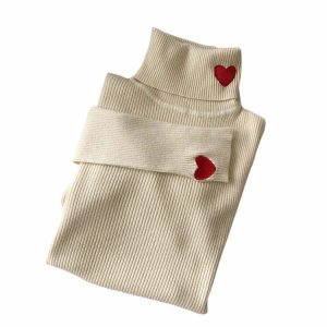 chic red heart embroidered jumper youthful turtleneck style 7685