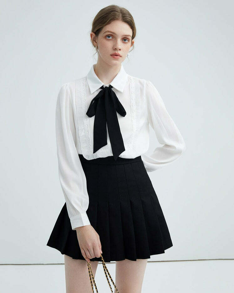 chic ruffle bow tie shirt   youthful elegance meets style 3025