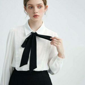 chic ruffle bow tie shirt   youthful elegance meets style 5452