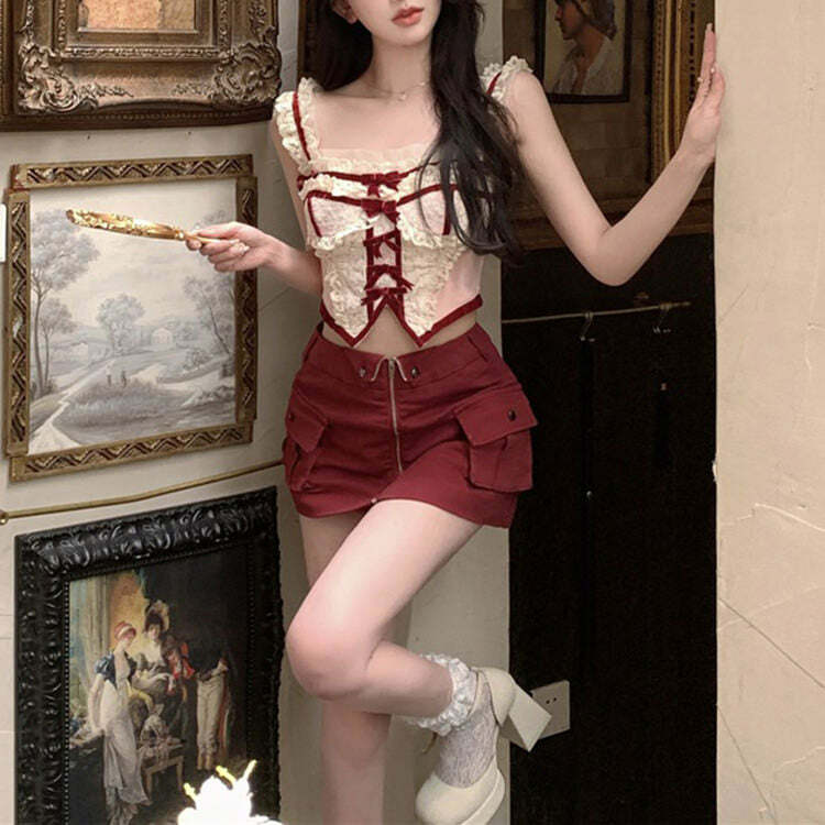 chic white & red lace corset top coquette elegance 7000