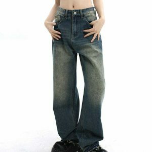 chic wide leg jeans with unique wash out effect 8029