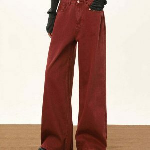 chic wine red wide leg jeans   sleek & youthful style 3917