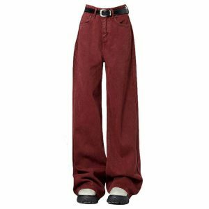 chic wine red wide leg jeans   sleek & youthful style 6358