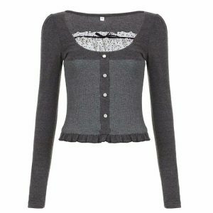 coquette grey long sleeve top youthful & chic aesthetic 8305