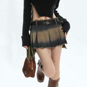 edgy distressed denim mini skirt pleated & youthful style 8305