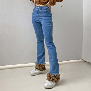 edgy fuzzy leopard trim jeans   sleek & bold streetwear 1507
