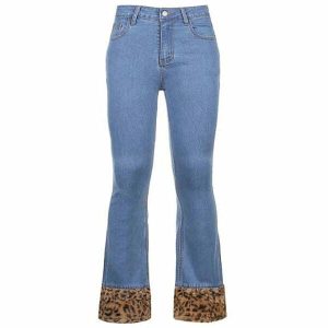 edgy fuzzy leopard trim jeans   sleek & bold streetwear 2049
