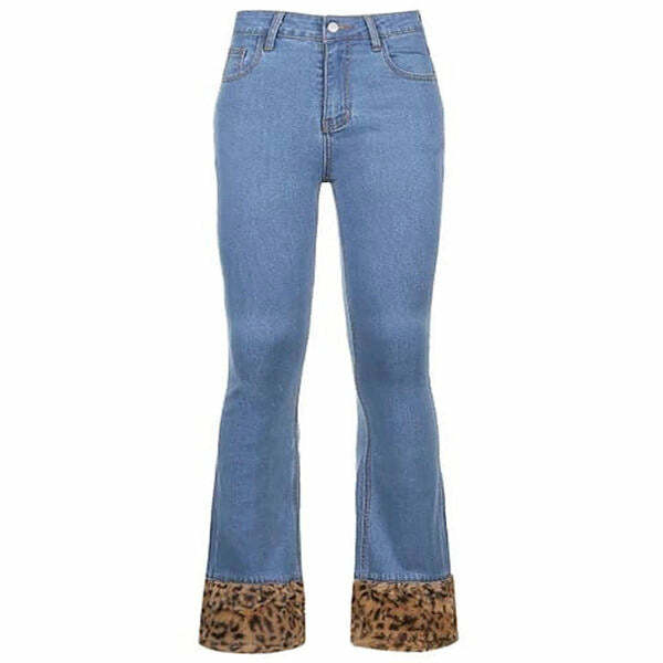 edgy fuzzy leopard trim jeans   sleek & bold streetwear 2049