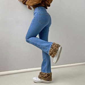 edgy fuzzy leopard trim jeans   sleek & bold streetwear 3623