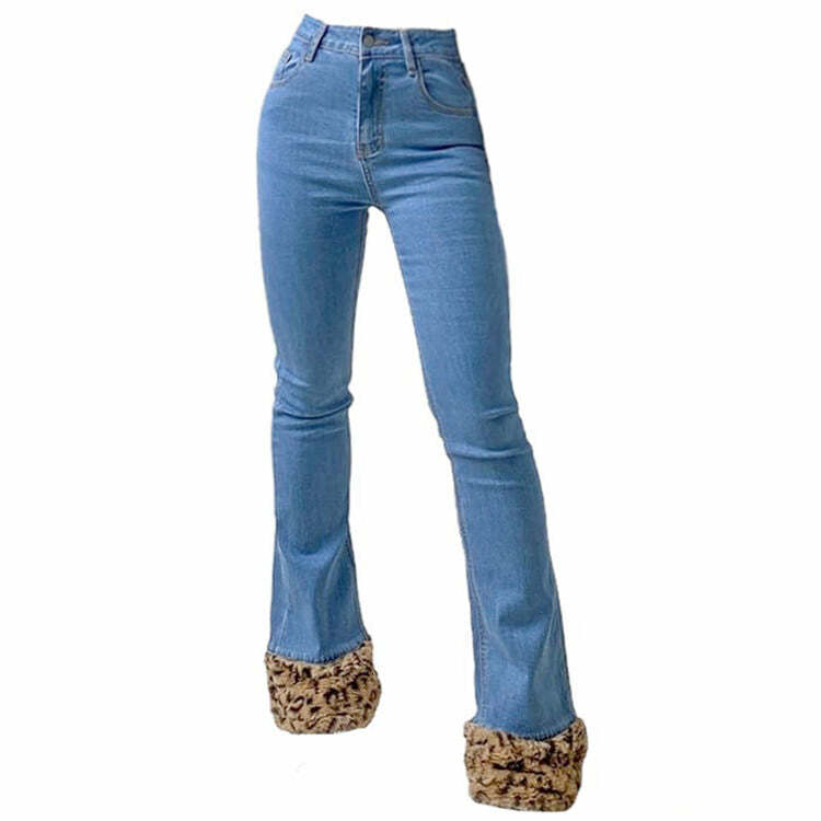 edgy fuzzy leopard trim jeans   sleek & bold streetwear 8529