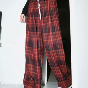 edgy grunge plaid pants in red youthful streetwear appeal 5870