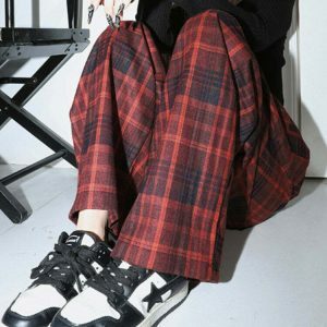 edgy grunge plaid pants in red youthful streetwear appeal 8022