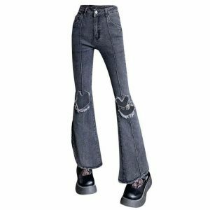 edgy heart cutout flare jeans grunge & youthful style 8232