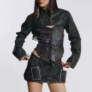 edgy huge buckle micro skirt y2k streetwear icon 8444