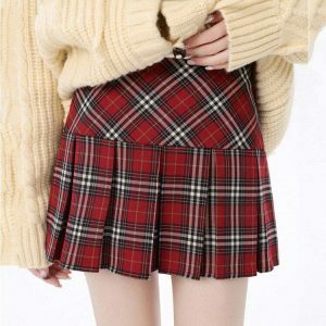 edgy red plaid skirt pleated grunge aesthetic 4720