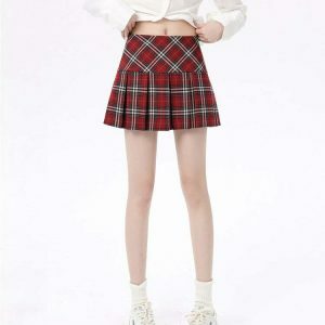 edgy red plaid skirt pleated grunge aesthetic 5618