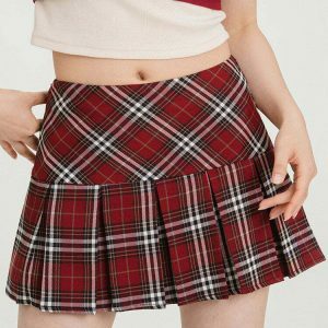 edgy red plaid skirt pleated grunge aesthetic 6558