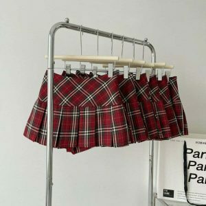 edgy red plaid skirt pleated grunge aesthetic 6583